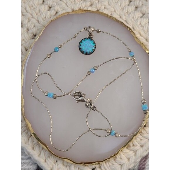 925 Sterling Silver Blue Fire Opal Pendant Necklace 18" Dainty Artisan Israeli - Picture 3 of 5